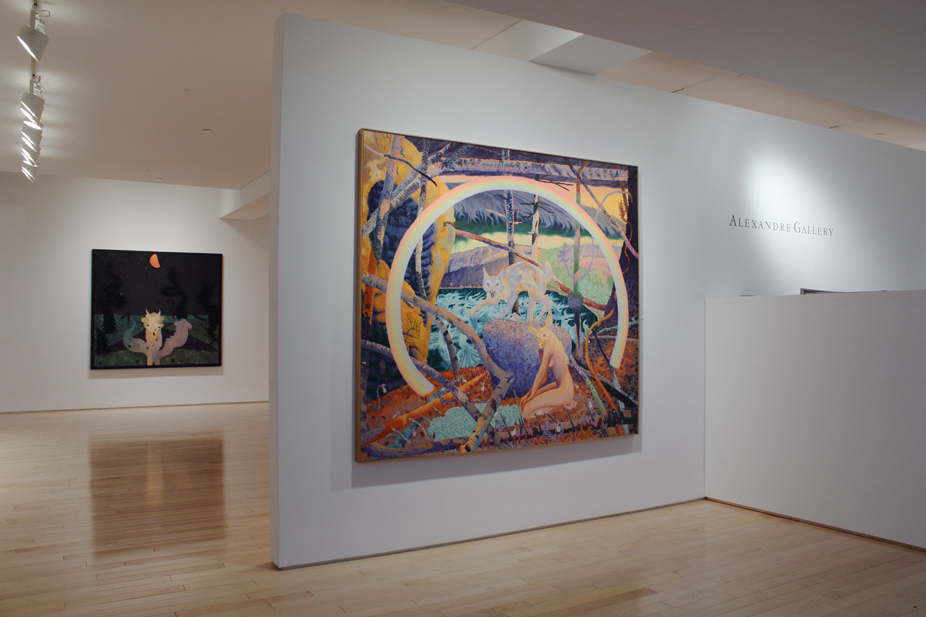Photograph showing a front view of an exhibition space with two paintings hanging on white walls
