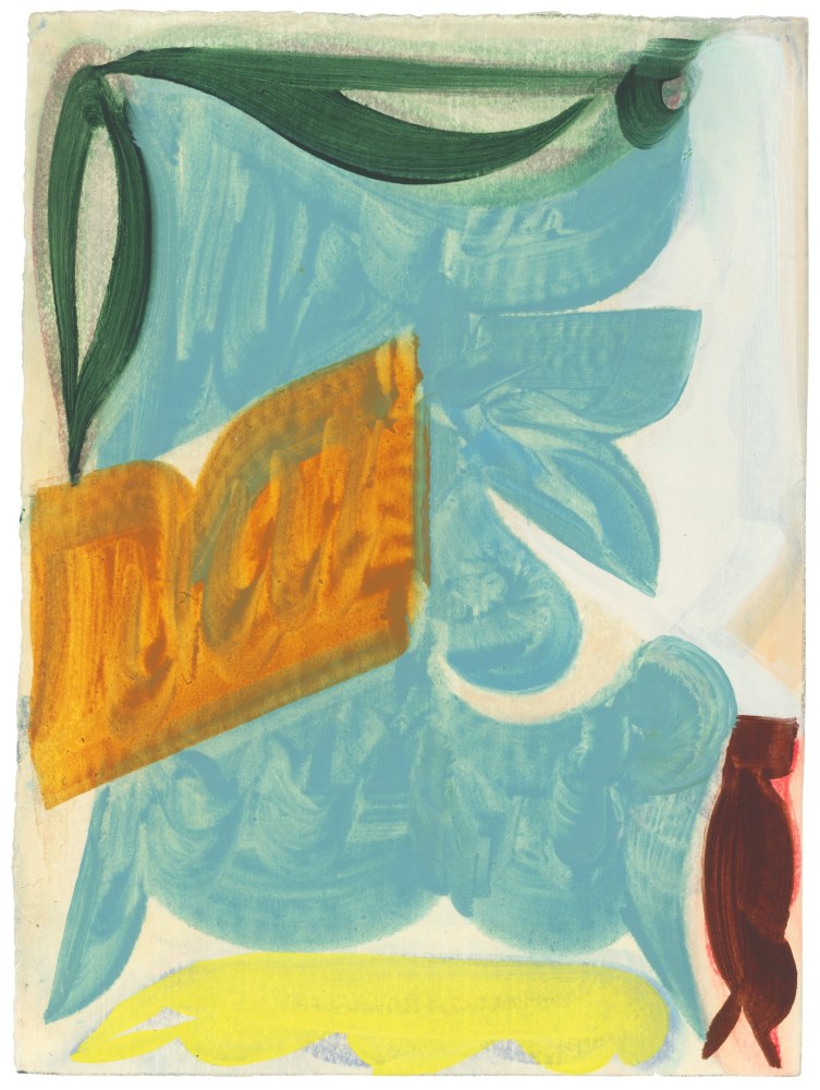 Abstract painting with organic forms in teal, orange, yellow, red and green on a cream-colored ground