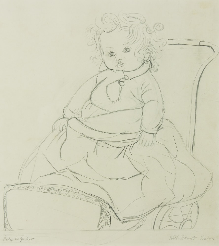 Drawing of a small child sitting in a wheeled cart