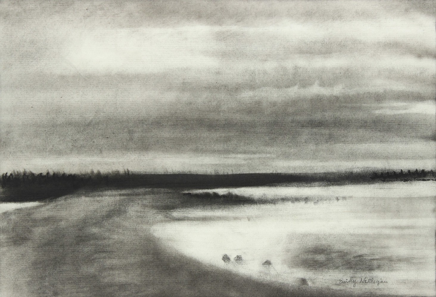 Atmospheric charcoal landscape drawing of a sandbar meeting the sea