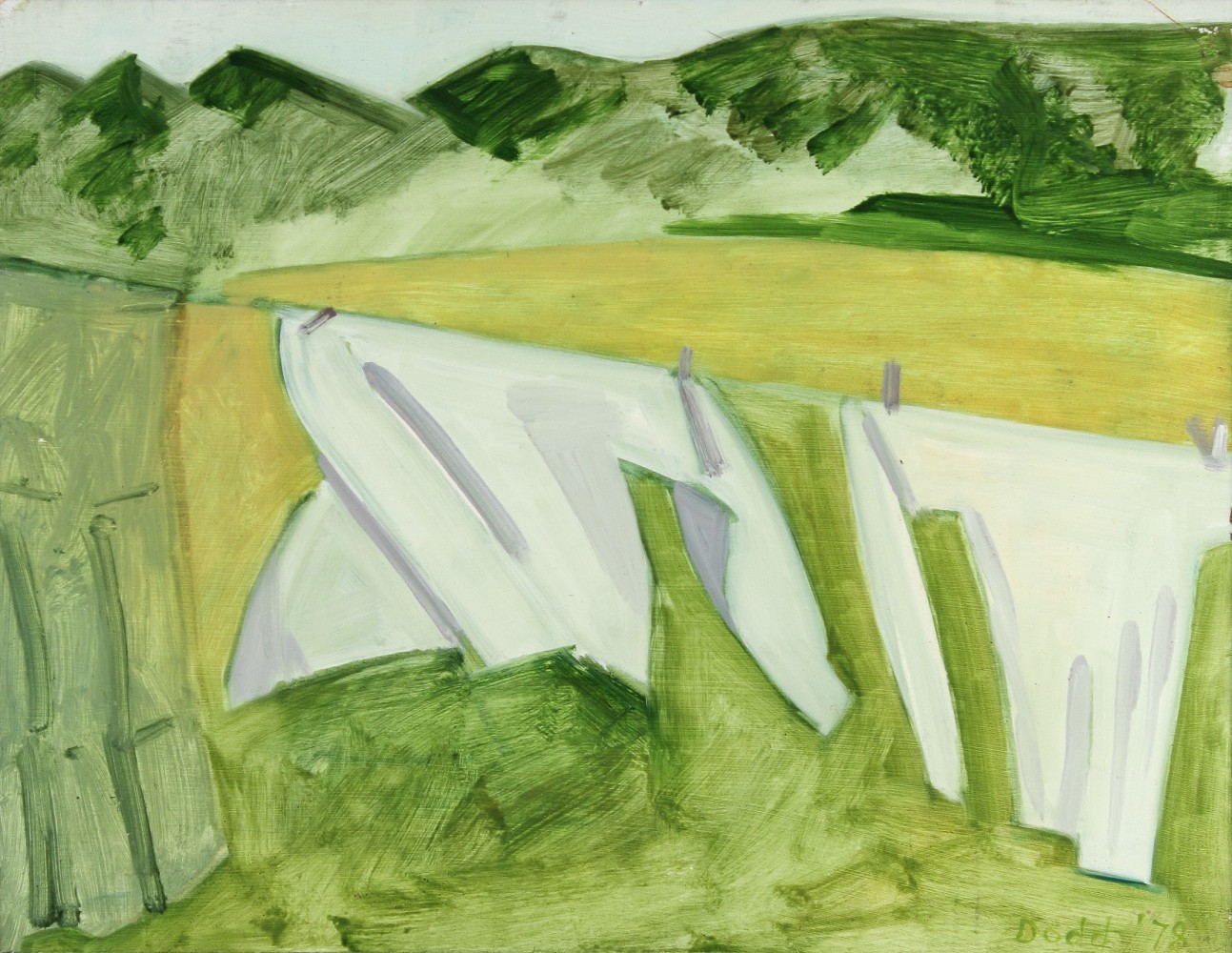 Painting of a clothesline outdoors with two white pieces of cloth and one green piece of cloth hanging from it, with a green landscape in the background