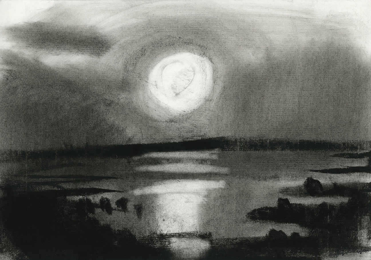 Charcoal landscape drawing of the sea at night, with a full moon int he sky and reflected on the water below
