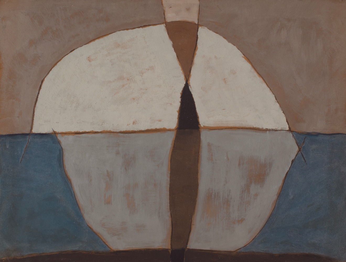 Sun on the Water, 1929, oil, metallic paint and charcoal on paper mounted on bristol board, 15 x 19 1/2 inches. Private Collection.