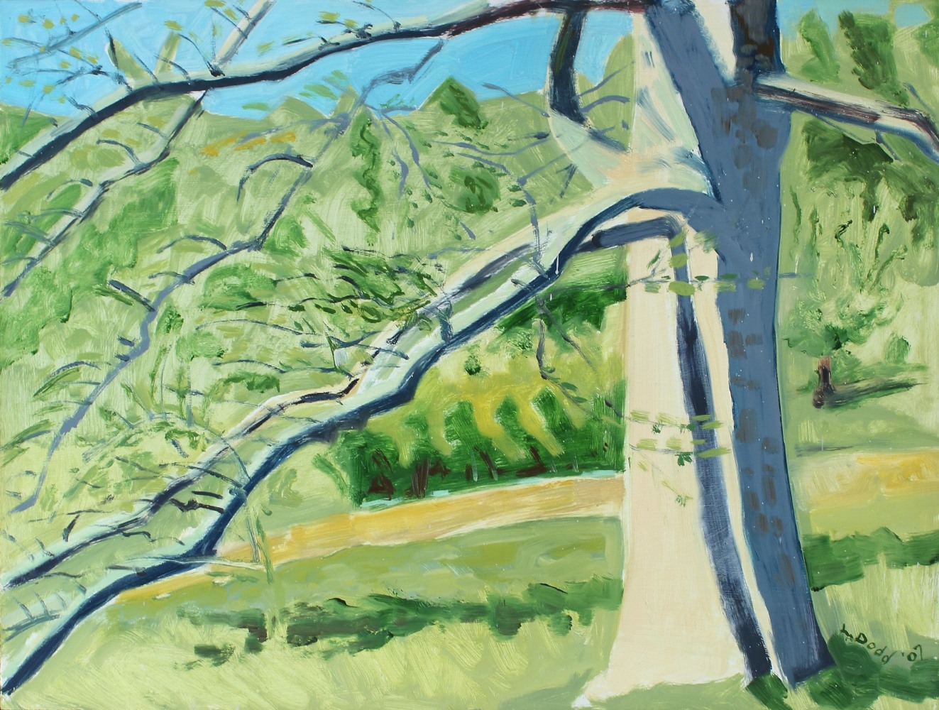 Painting of a lush green landscape with grey tree in the foreground