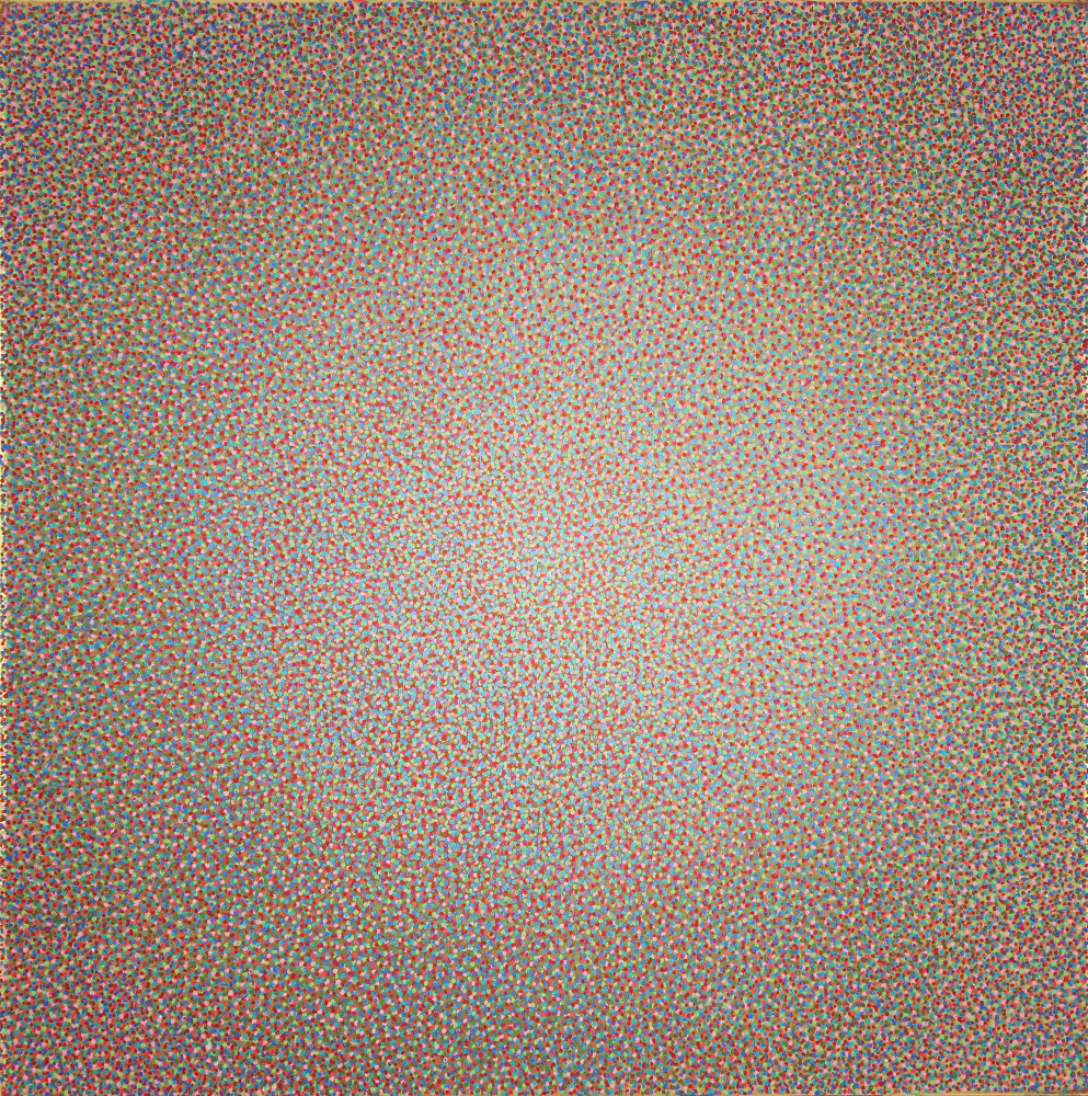 Minimalist color field painting composed of countless tiny dots of paint, creating the illusion of light radiating from the center