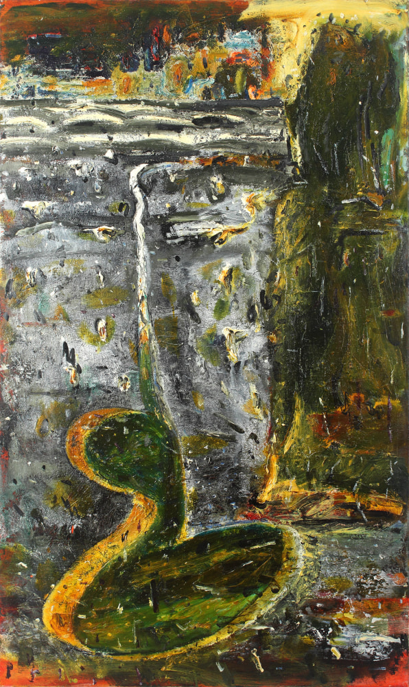 Abstract painting with organic forms in green and yellow on a white and grey ground with a horizon line