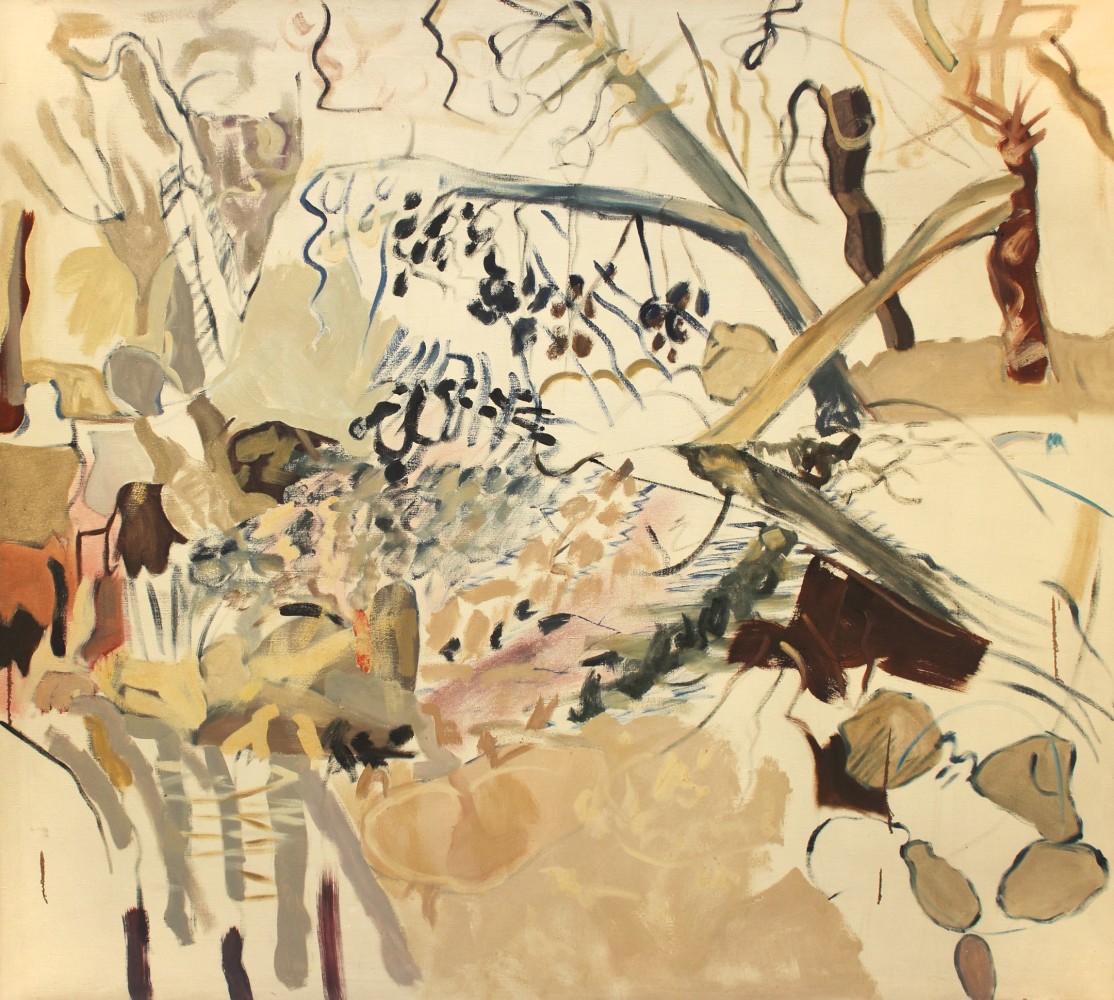 Painting of organic forms in an abstracted landscape