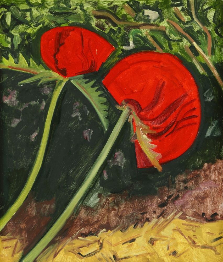 A painting of two red flowers against dark greenery