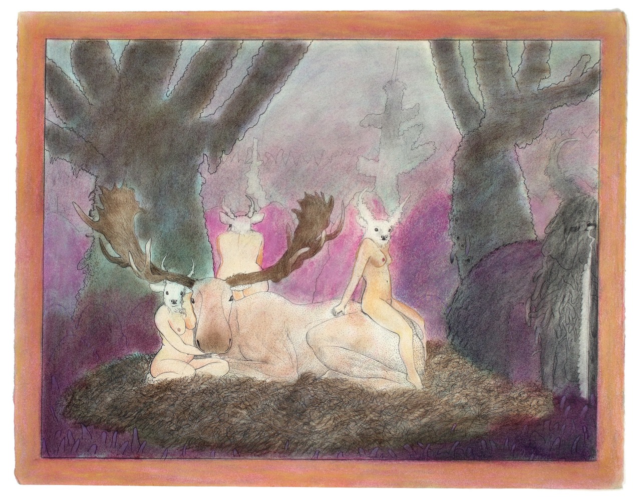 Pastel drawing with three nude figures with human bodies qnd animal heads sitting around a large moose in a surreal forest scene
