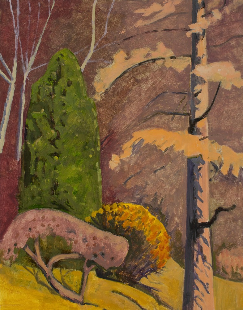 Nov. Field with Cedar + Hackmatack, 2021, oil on Masonite, 21 1/2 x 17 inches