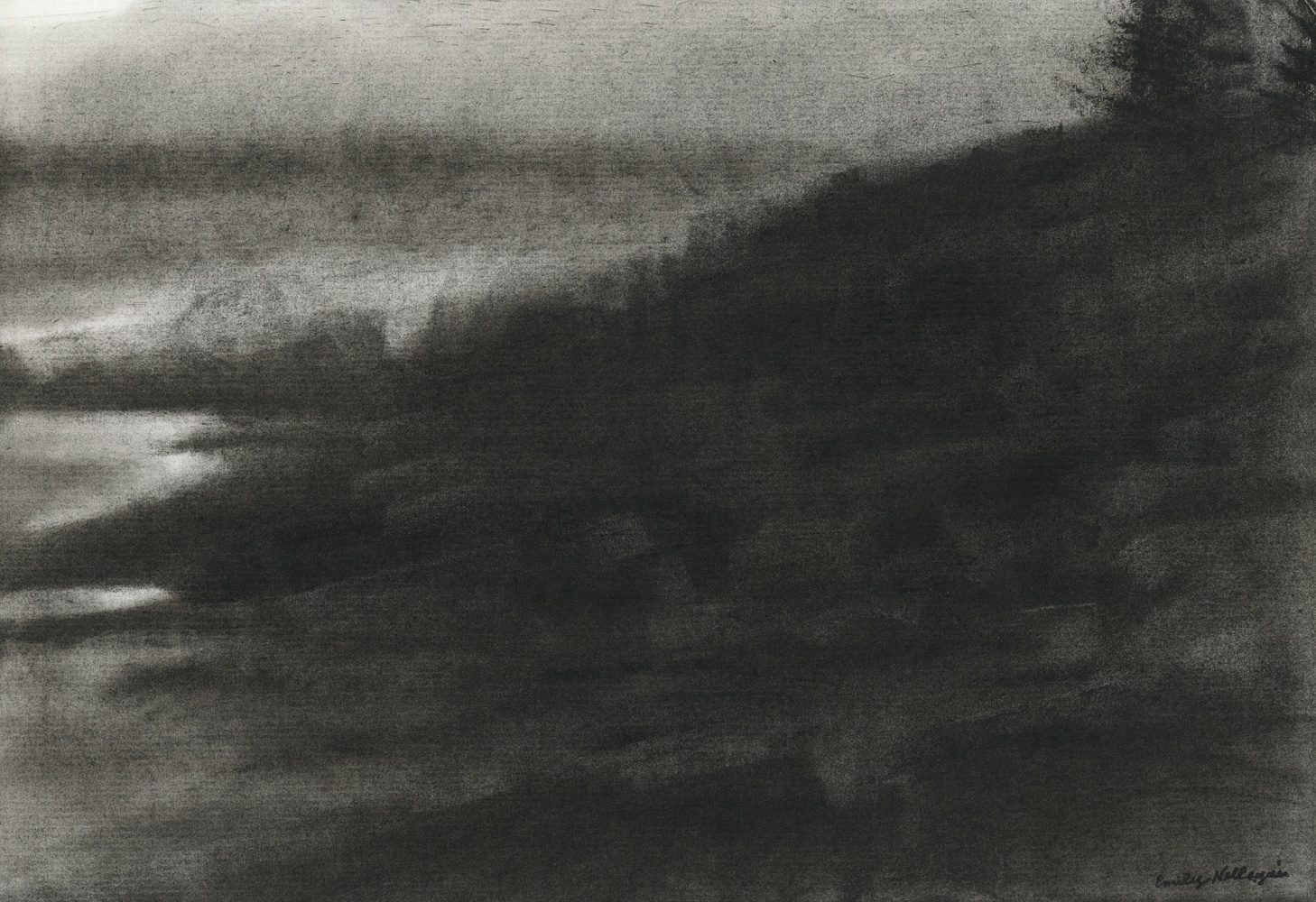 Charcoal landscape drawing of a dark shore, a cloudy sky, and light reflecting off the sea