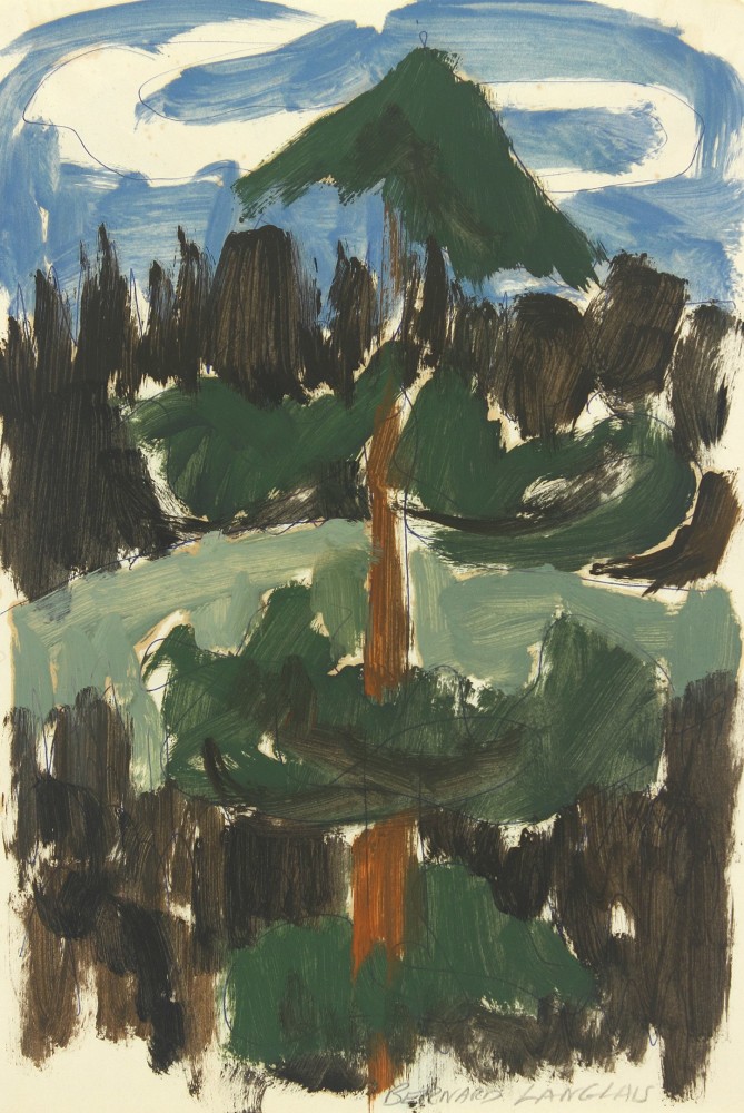 Painting on paper of a tall evergreen tree in the foreground with hills and a blue sky in the background