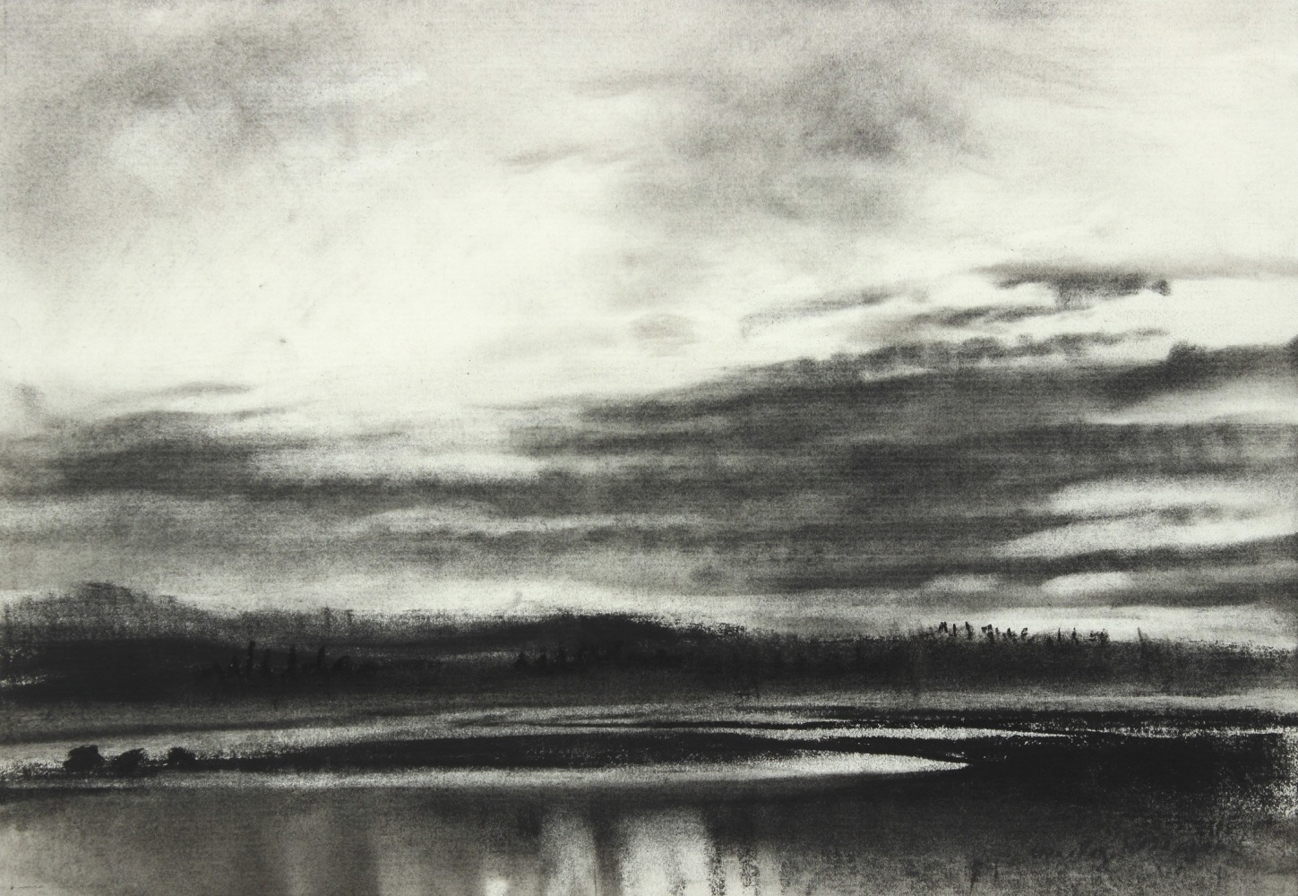 Charcoal landscape drawing of the seaside and a tree-lined shore