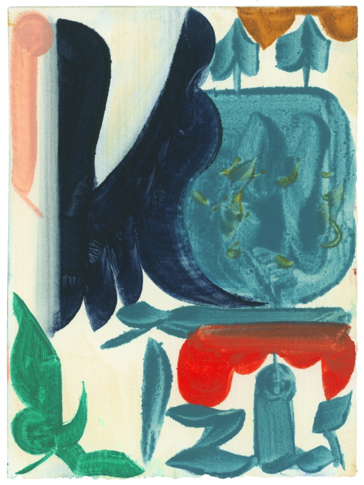 Abstract painting with organic forms in blue, green, red, pink, and ochre on a cream-colored ground