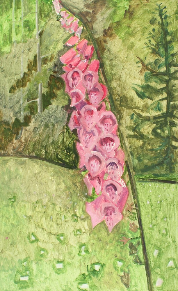 Painting of a pink flowering plant in a green landscape