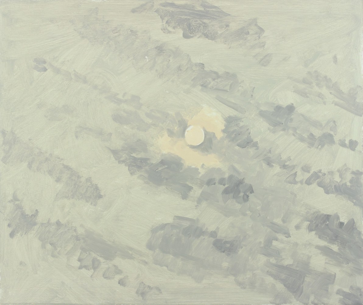 Painting of a full moon in a cloudy light grey sky