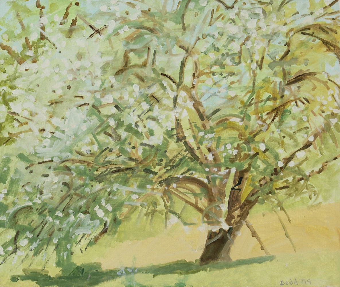 A painting of a full, flowering apple tree in the grass