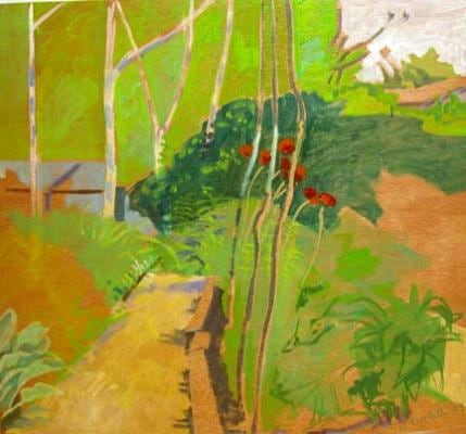 Garden Path &amp;amp; Red Poppies, 2004, oil on wooden panel, 14 7/8 x 16 inches