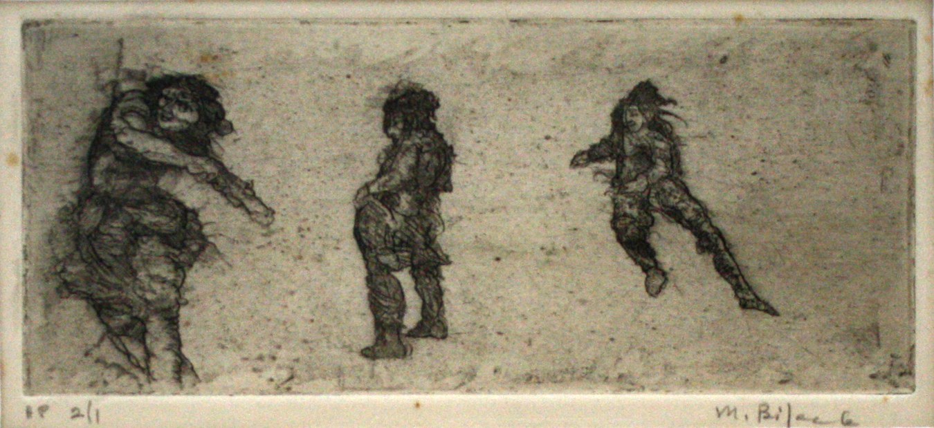 Marvin Bileck,&amp;nbsp;Three Figures in a Long Space, n.d., etching and engraving, 3 3/8 x 7 7/8 inches