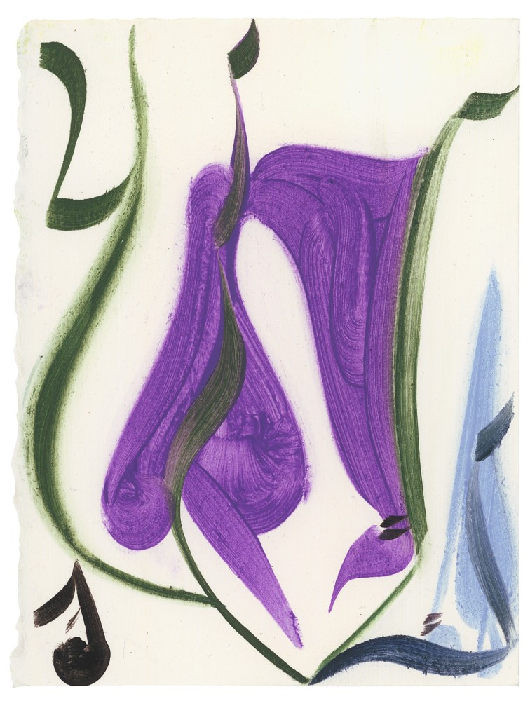 Abstract painting with a purple, green and blue organic forms on an off-white background