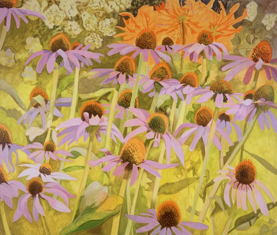 Echinacea and Orange Dahlia, 2006, oil on linen, 60 x 72 inches