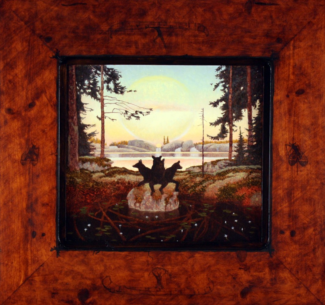 Nin Gagwedjindimin, 2009, oil on board, 16 1/2 x 17 5/8 inches, including artist&amp;#39;s hand painted frame