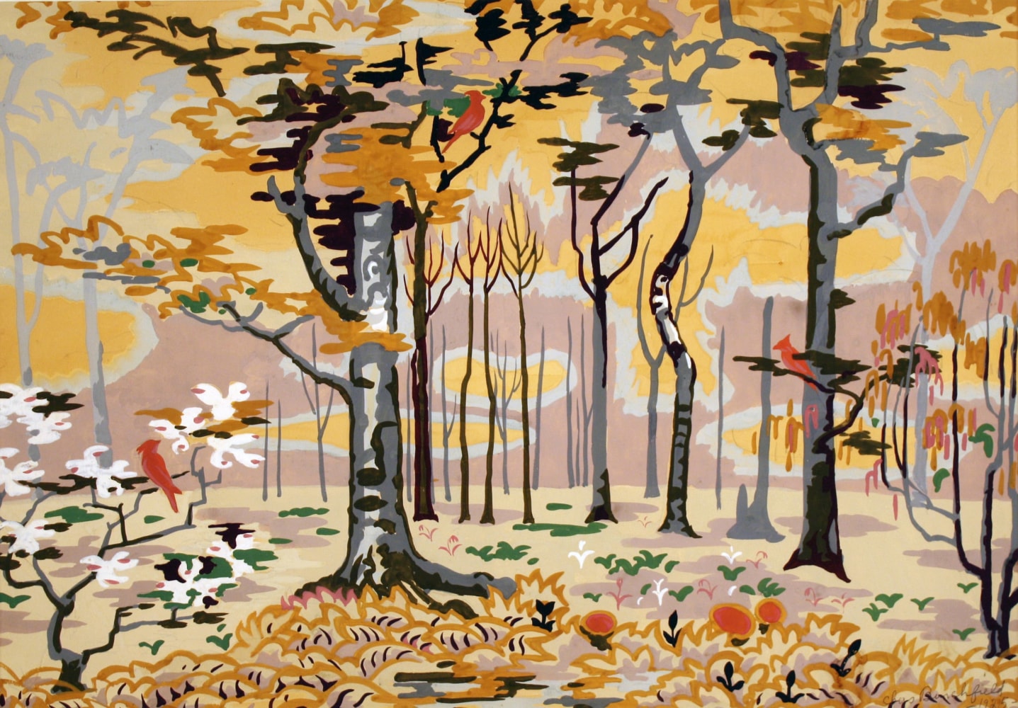 Charles Burchfield,&amp;nbsp;Untitled (Landscape with Trees and Birds), 1925, goauche on paper, 13 1/2 x 19 1/2 inches