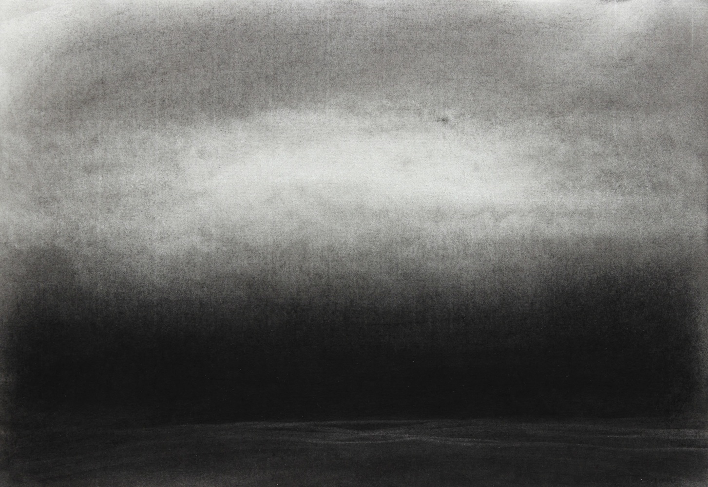 Atmospheric charcoal landscape drawing of a dark, hazy sky over a dark sea