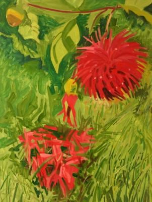 Dahlias, Falling Petals, 2007, oil on Masonite, 17 x 13 inches