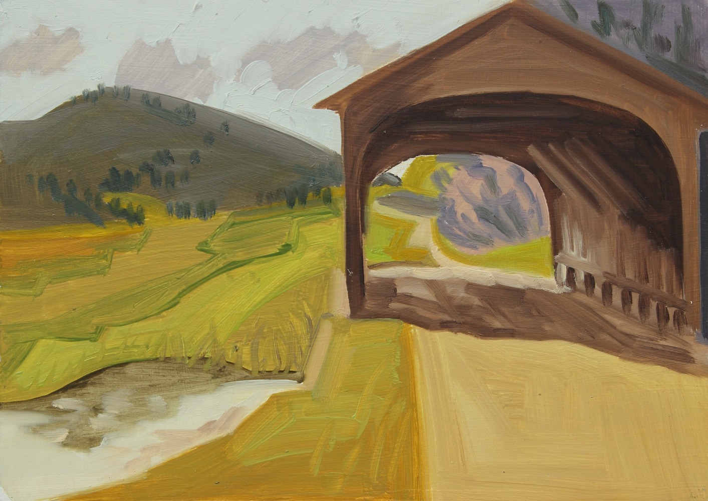 Lois Dodd, Covered Bridge, South Bethel, VT, 1990, oil on aluminum flashing, 5 x 7 inches