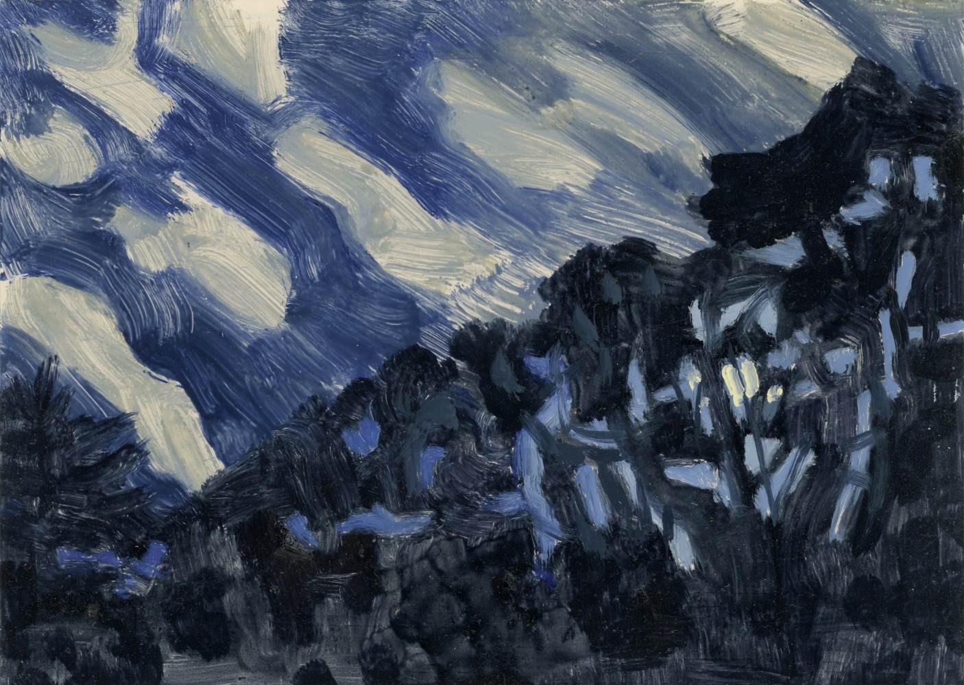 Moon thru Trees with Diagonal Clouds, 2014, oil on aluminum flashing, 5 x 7 inches