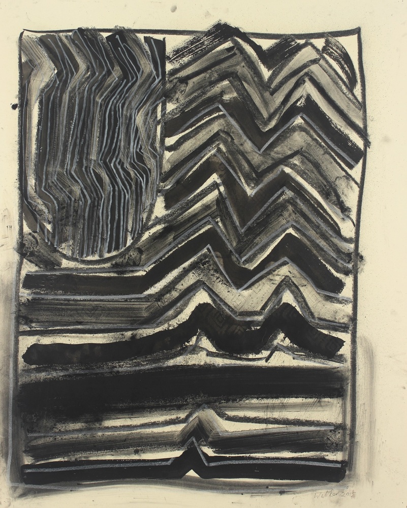 Abstract drawing on paper consisting of an arrangement of zig-zagging and curving black lines