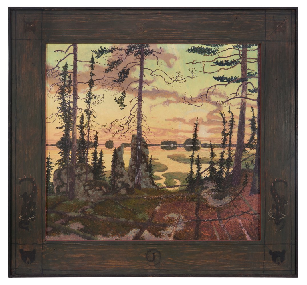 Naawagaam, 2025, oil on rag board, 27 1/4 x 29 1/4 inches, including artist&amp;#39;s hand painted frame
