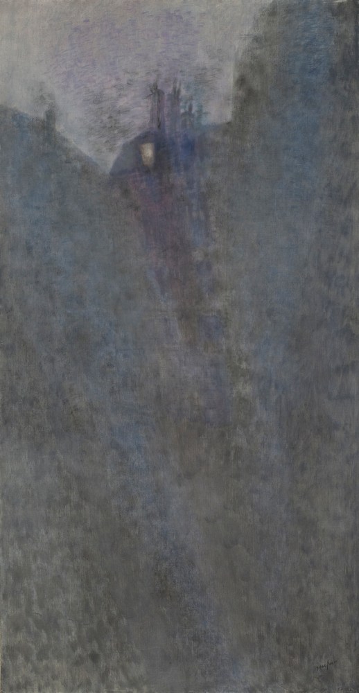 Painting of a nocturnal landscape with a building with one lighted window in the background, set behind tall trees