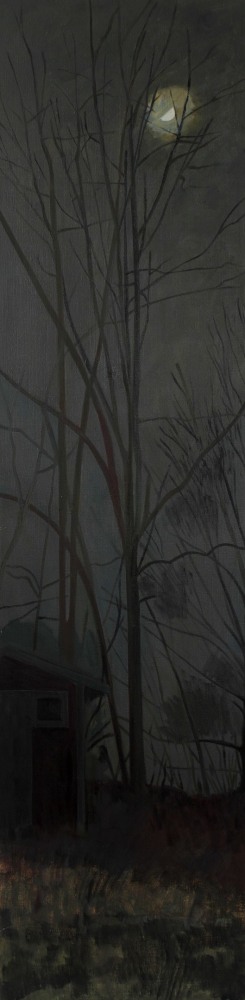 Painting of a nocturnal landscape, with a half moon rising above a tall leafless tree and a small building below