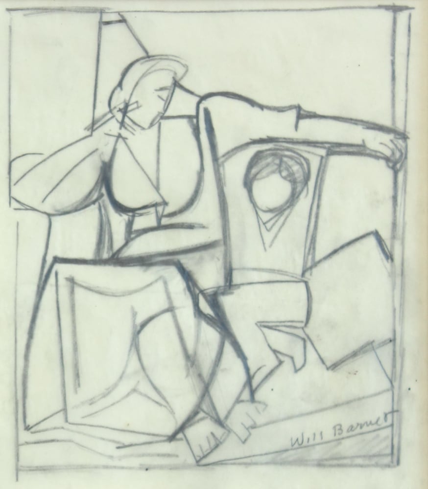 Graphite drawing of two abstracted figures, an adult figure seated with a child hanging off of her arm