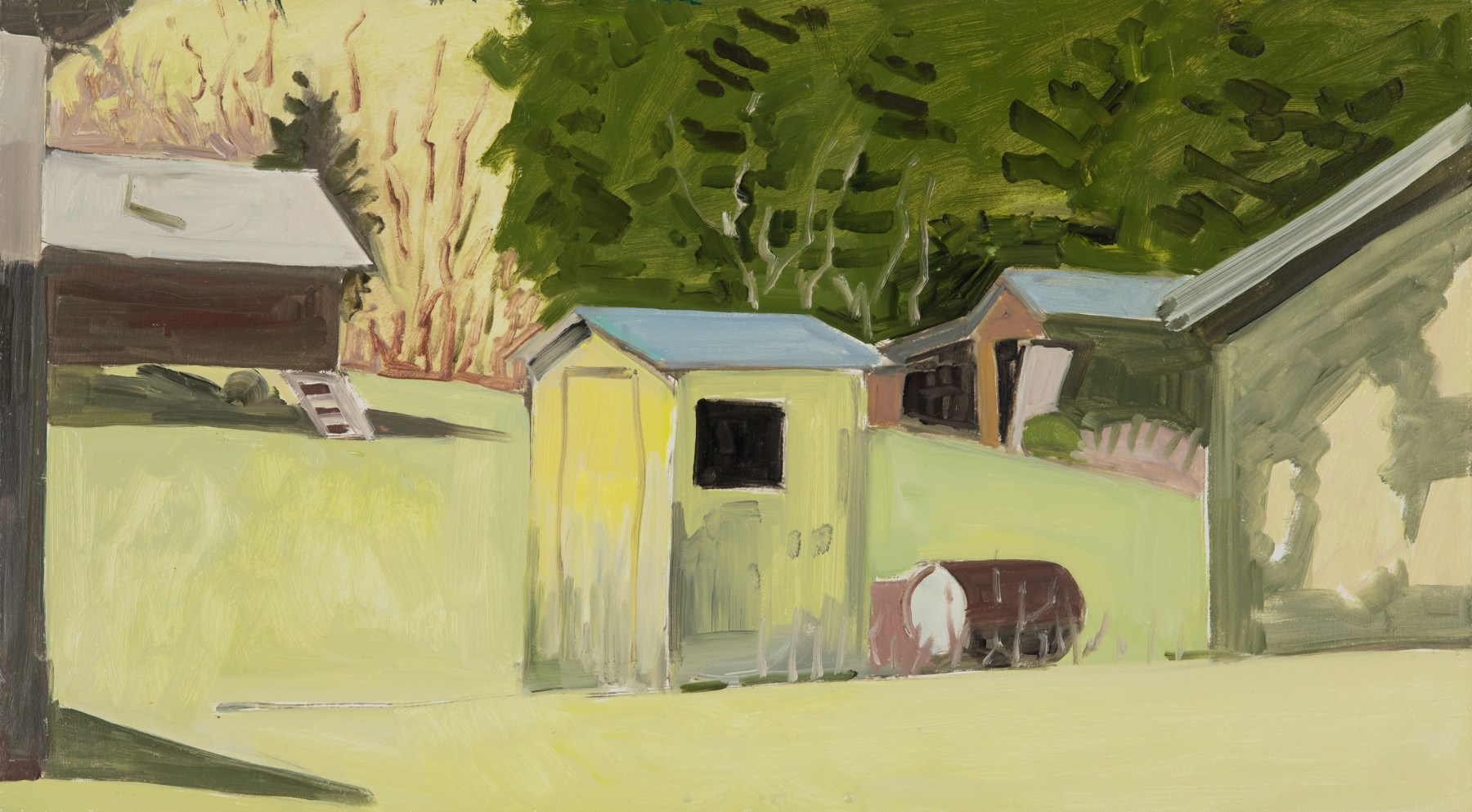 Spring at Blaisey&amp;#39;s Sheds, 2003, oil on Masonite, 10 x 18 inches