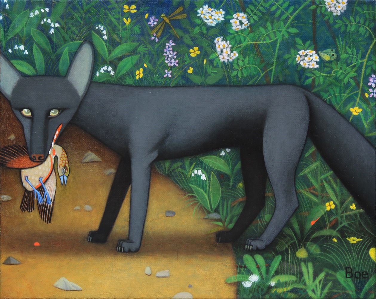 Painting of a black fox-like creature holding a bird in its mouth, two paws on a dirt path and two paws in a patch of grass filled with flowers