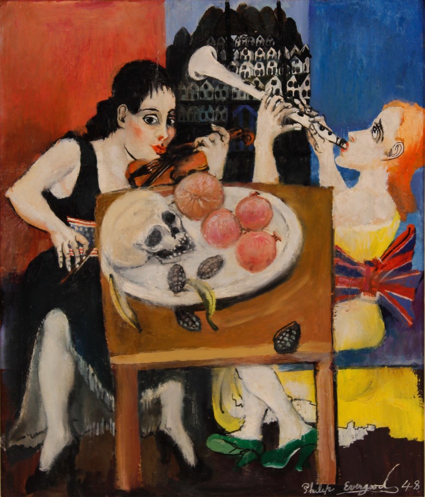 Painting of two women seated at a table, one playing a violin and the other playing a clarinet. On the table is a still life with pomegranates, a skull, and other fruit forms.