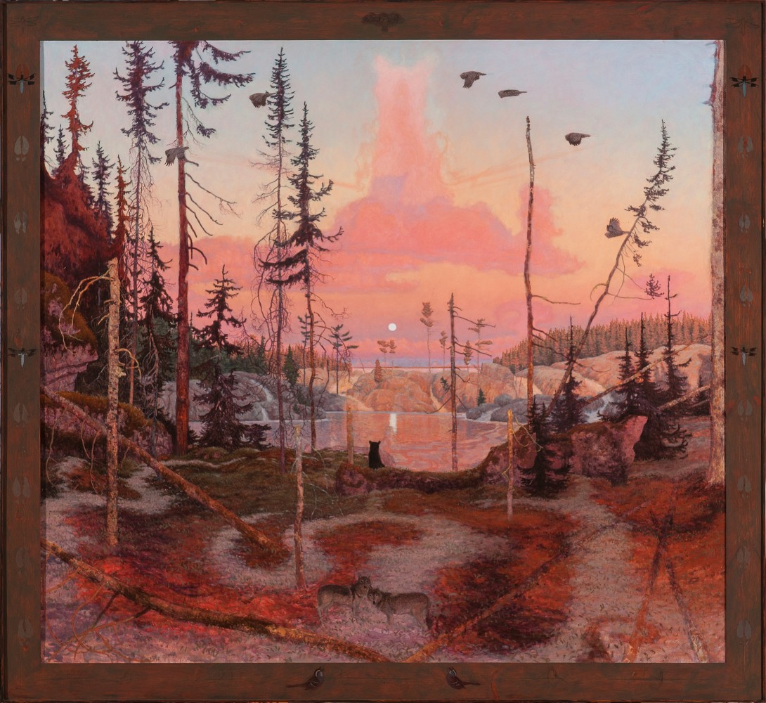 Painting of a surreal forest landscape with two wolves in the lower center looking at the viewer, a bear in the center gazing at a pink sunrise and body of water in the background, and birds flying overhead