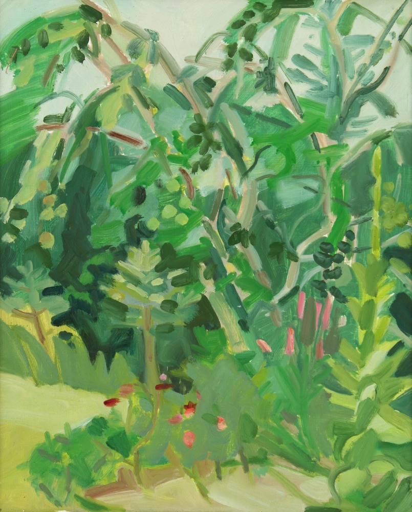 Lois Dodd, Maine Landscape with Flowers, 1966, oil on Masonite, 15 x 12 1/4 inches