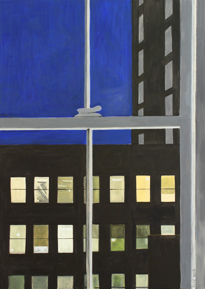 Painting of the view out of a window at night, overlooking a city building