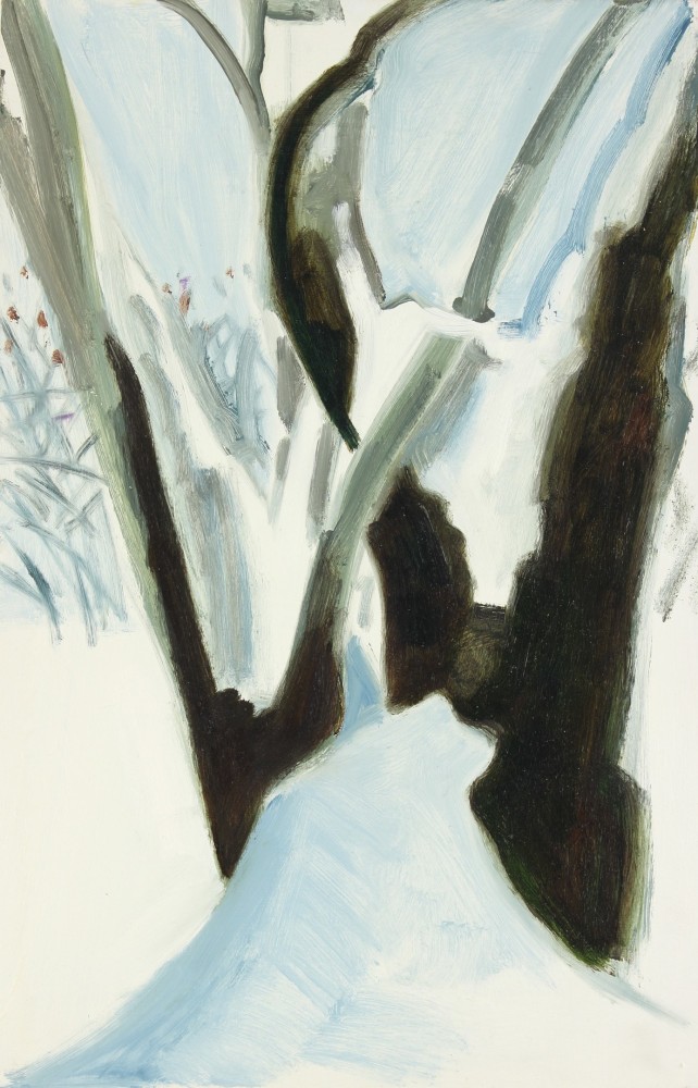 Painting of a dark tree behind a mound of snow, surrounded by a snow-covered landscape