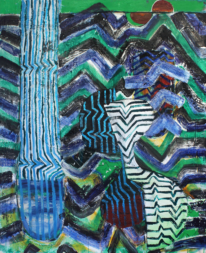 Abstract painting consisting of lines and forms in blue, black, green, white and brown