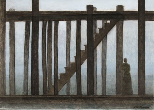 Painting of a woman standing under a pier with the sea in the background
