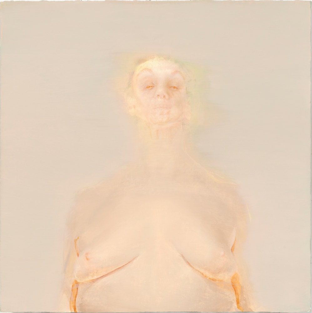 Painting of a nude figure standing against an atmospheric grey-pink background