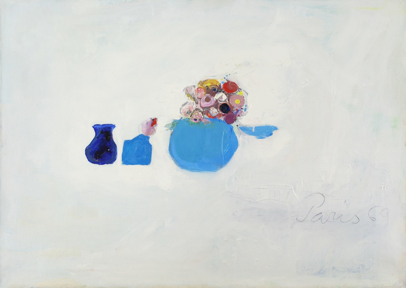 Painting of three abstracted blue vases, one filled with flowers, on a white ground