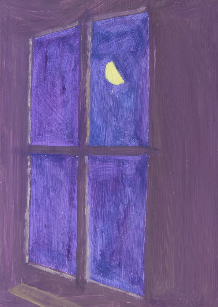 Painting of a window looking out at a purple night sky with a half moon