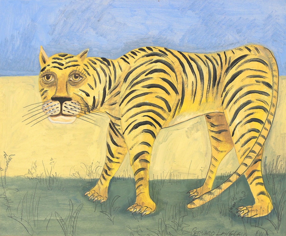 Painting on paper of a tiger standing in a field with a blue sky in the background