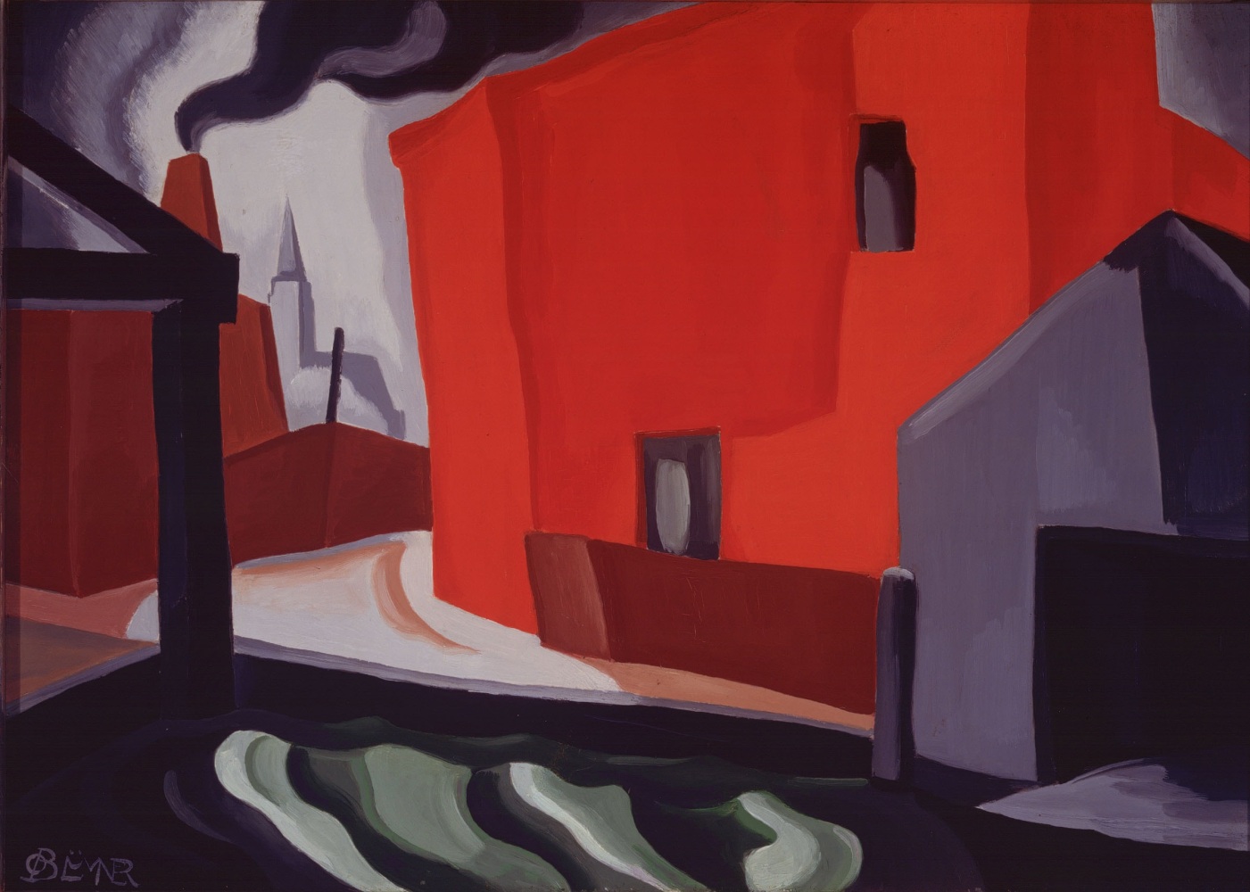 Oscar Bluemner,&amp;nbsp;Secluded Spot- Red Amidst Gray, 1929, oil on academy board mounted on wood panel, 9 5/8 x 14 inches